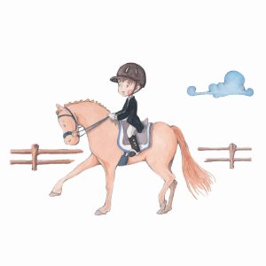 Vinilo con dibujo en acuarela pintado a mano de niño jinete montando su caballo Reproducido y recortado en autoadhesivo de alta calidad material laminado y de fácil colocación Impreso en tintas látex no tóxicas de alta resistencia con acabado mate Realizad