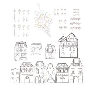 Vinilo con dibujo en acuarela pintado a mano de casitas en blanco y negro con varios complementos Reproducido y recortado en autoadhesivo de alta calidad material laminado y de fácil colocación Impreso en tintas látex no tóxicas de alta resistencia con aca