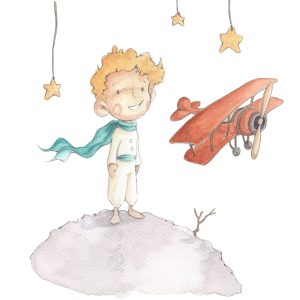 Vinilo con dibujo en acuarela pintado a mano inspirada en el fantástico personaje del Principito Reproducido y recortado en autoadhesivo de alta calidad material laminado y de fácil colocación Impreso en tintas látex no tóxicas de alta resistencia con acab