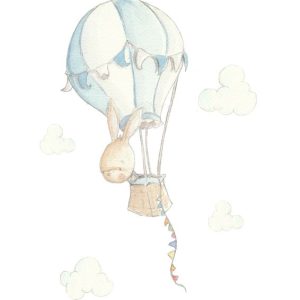Vinilo con dibujo en acuarela pintado a mano de conejito infantil viajando en globo azul Reproducido y recortado en autoadhesivo de alta calidad material laminado y de fácil colocación Impreso en tintas látex no tóxicas de alta resistencia con acabado mate