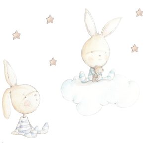 Vinilo con dibujo en acuarela pintado a mano con 2 conejitos infantiles sobre nube Reproducido y recortado en autoadhesivo de alta calidad material laminado y de fácil colocación Impreso en tintas látex no tóxicas de alta resistencia con acabado mate Reali